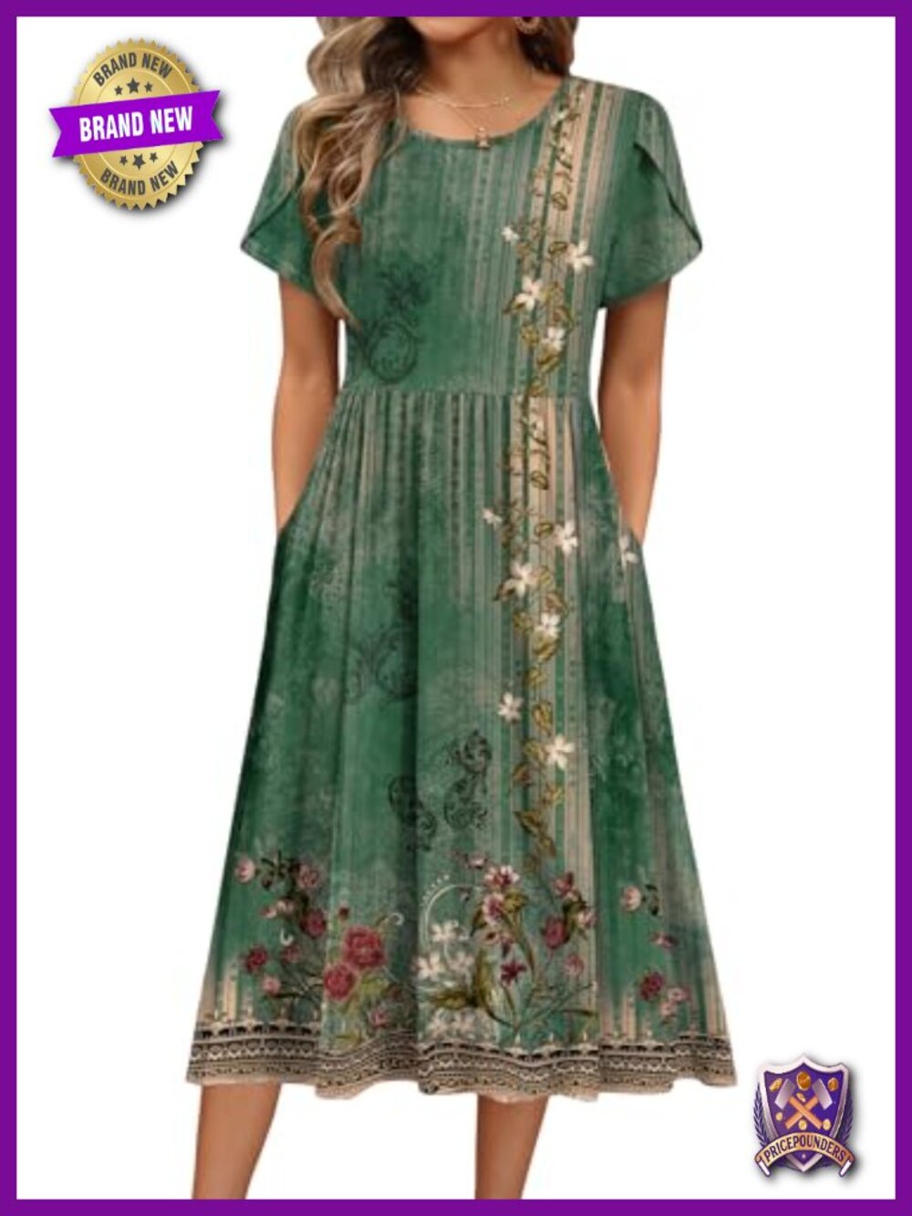A-Line Midi Dress with Pockets Flowy Short Sleeve T-Shirt Dress - Picture 1 of 6